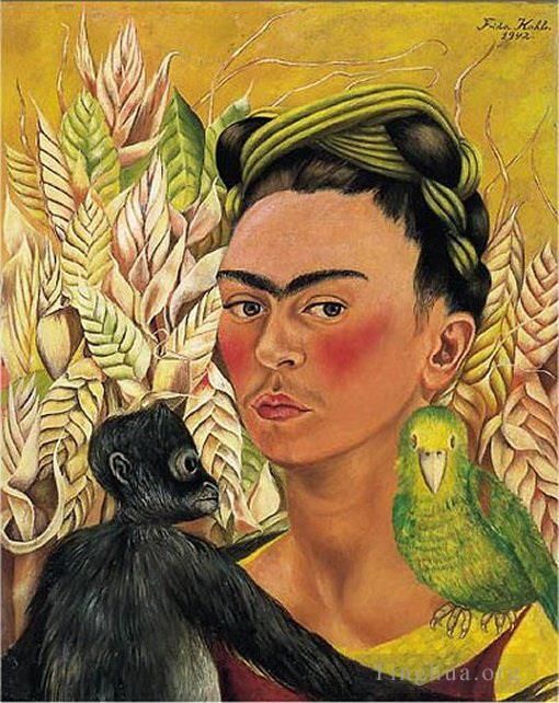 Frida Kahlo Ölgemälde - Selbstporträt mit Affe und Papagei