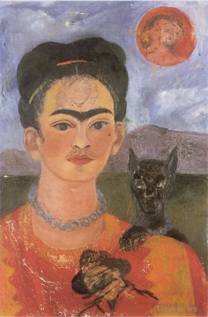 zeitgenössische kunst von Frida Kahlo - Selbstporträt mit einem Porträt von Diego auf der Brust und Maria zwischen den Augenbrauen