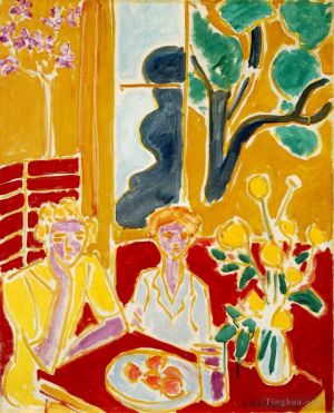 Zeitgenössische Malerei - Deux Fillettes Fond Jaune et Rouge Zwei Mädchen in einem gelb-roten Interieur 1947