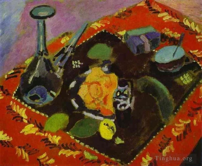Henri Matisse Andere Malerei - Gerichte und Obst auf einem rot-schwarzen Teppich 1906