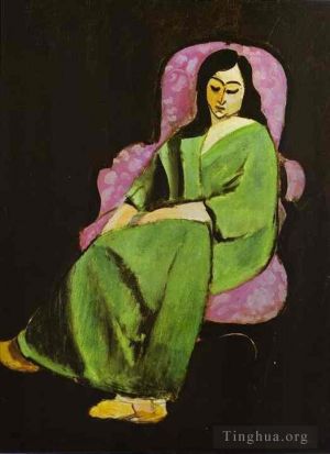 zeitgenössische kunst von Henri Matisse - Laurette in einem grünen Kleid auf schwarzem Hintergrund