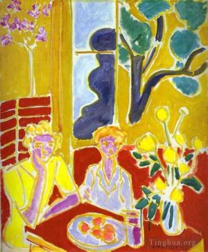 Zeitgenössische Malerei - Zwei Mädchen mit gelbem und rotem Hintergrund 1947