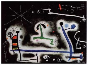 zeitgenössische kunst von Joan Miro - Figuren- und Vogelparty für die bevorstehende Nacht