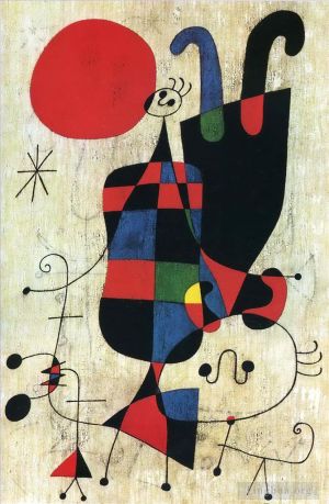 zeitgenössische kunst von Joan Miro - Figuren und Hund vor der Sonne