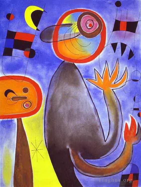 Joan Miro Andere Malerei - Leitern überqueren den blauen Himmel in einem Feuerrad