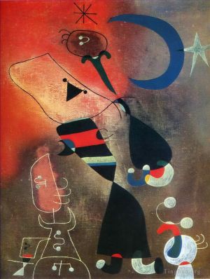 zeitgenössische kunst von Joan Miro - Frau und Vogel im Mondlicht