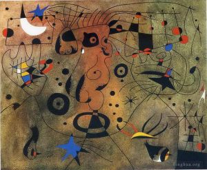 zeitgenössische kunst von Joan Miro - Frau mit blonder Achselhöhle, die sich im Licht der Sterne die Haare kämmt