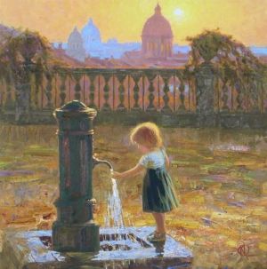 Zeitgenössische Ölmalerei - Ein Mädchen in der Nähe des Brunnens