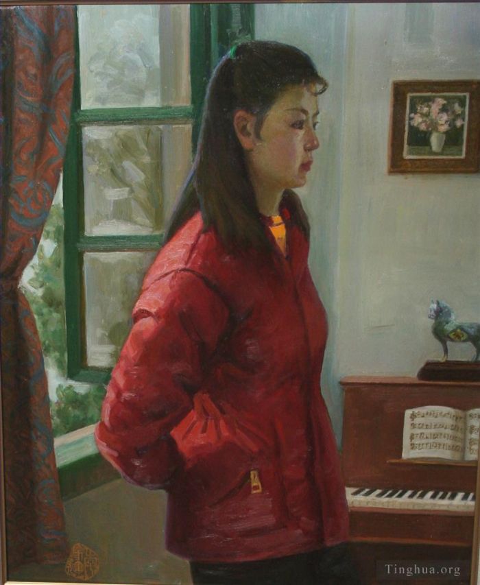 Li Jiahui Ölgemälde - Denkendes Mädchen im Klavierzimmer