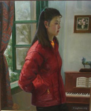 zeitgenössische kunst von Li Jiahui - Thinking girl in piano room