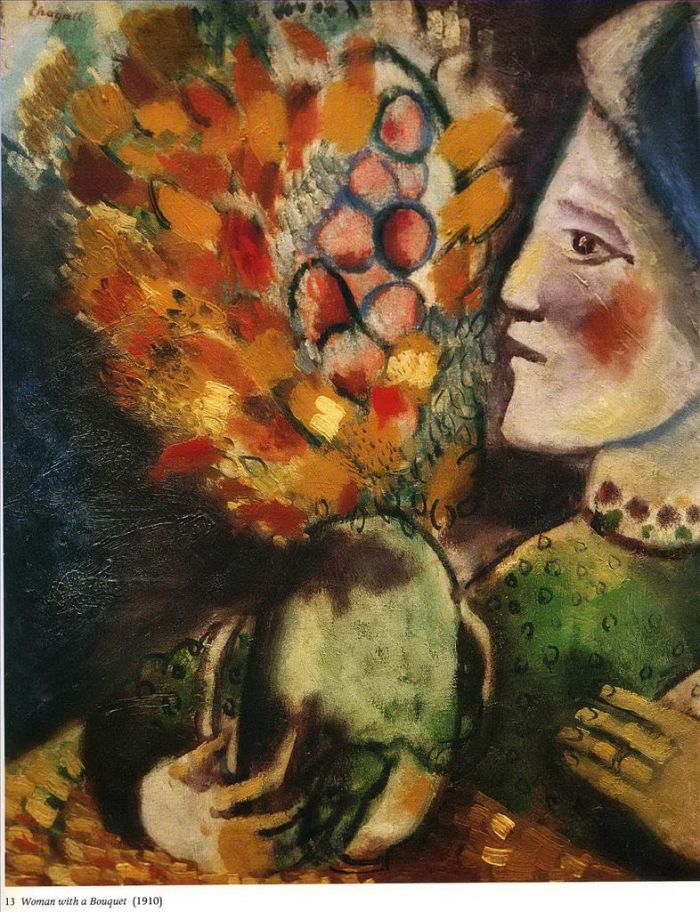 Marc Chagall Ölgemälde - Frau mit einem Blumenstrauß