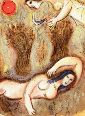 zeitgenössische kunst von Marc Chagall - Boas wacht auf und sieht Ruth zu seinen Füßen (Lithographie).