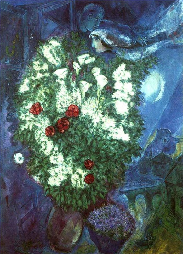 Marc Chagall Andere Malerei - Blumenstrauß mit fliegenden Liebenden
