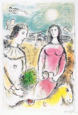 zeitgenössische kunst von Marc Chagall - Farblithographie „Paar in der Abenddämmerung“.