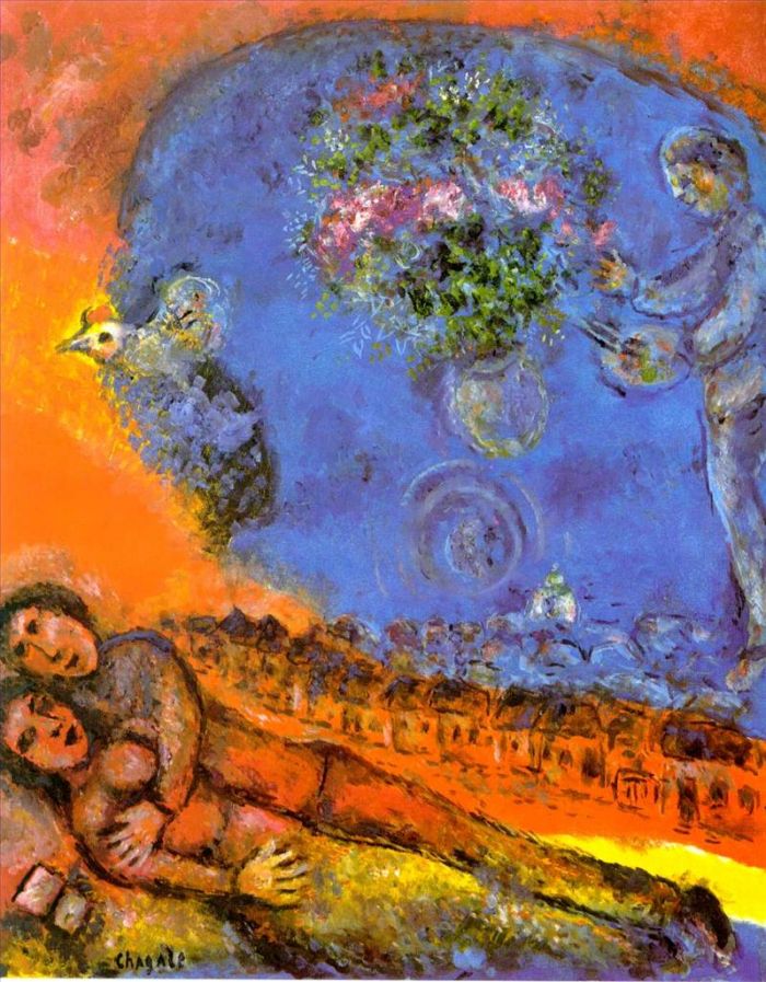 Marc Chagall Andere Malerei - Paar auf rotem Hintergrund
