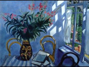 zeitgenössische kunst von Marc Chagall - Innenraum mit Blumen