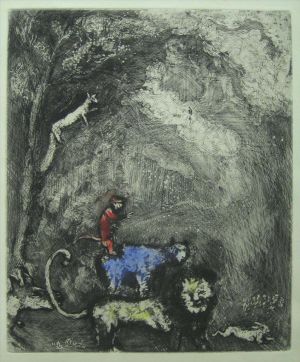 zeitgenössische kunst von Marc Chagall - Le Lion seu allaut eu Guerre Radierung mit Aquarellen