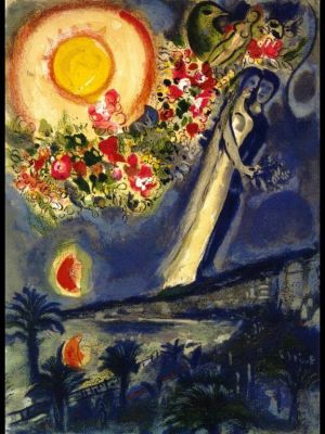 zeitgenössische kunst von Marc Chagall - Liebende im Himmel von Nizza