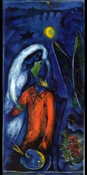 zeitgenössische kunst von Marc Chagall - Liebende in der Nähe der Brücke