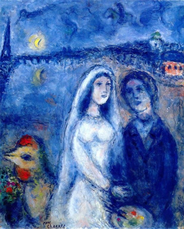 Marc Chagall Andere Malerei - Frischvermählte mit Eiffel-Handtuch im Hintergrund