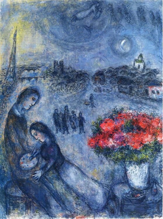 Marc Chagall Andere Malerei - Frischvermählte mit Paris im Hintergrund