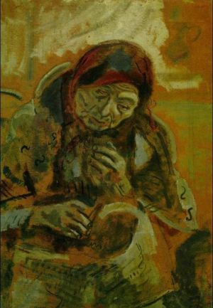 Zeitgenössische Malerei - Alte Frau mit einem Wollknäuel