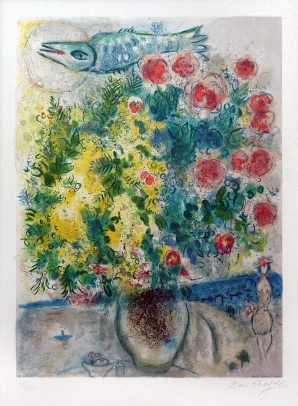Marc Chagall Andere Malerei - Rosen und Mimosen aus Nizza, Côte d'Azur, Farblithographie