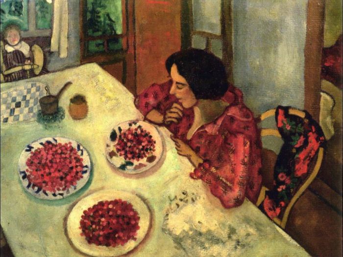 Marc Chagall Andere Malerei - Erdbeeren Bella und Ida am Tisch