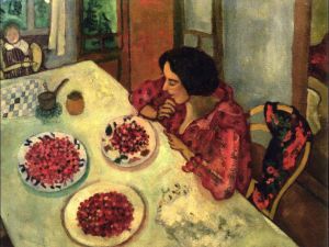 zeitgenössische kunst von Marc Chagall - Erdbeeren Bella und Ida am Tisch