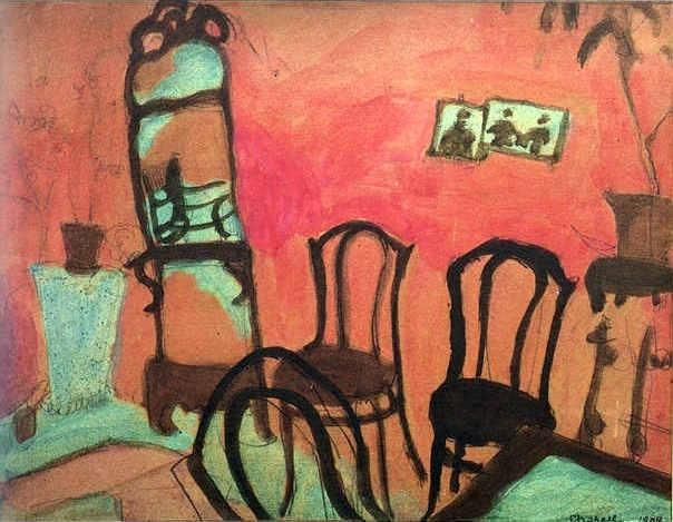 Marc Chagall Andere Malerei - Das kleine Wohnzimmer, Öl auf Papier, auf Stoff montiert