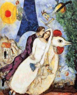 zeitgenössische kunst von Marc Chagall - Die Verlobte und der Eiffelturm