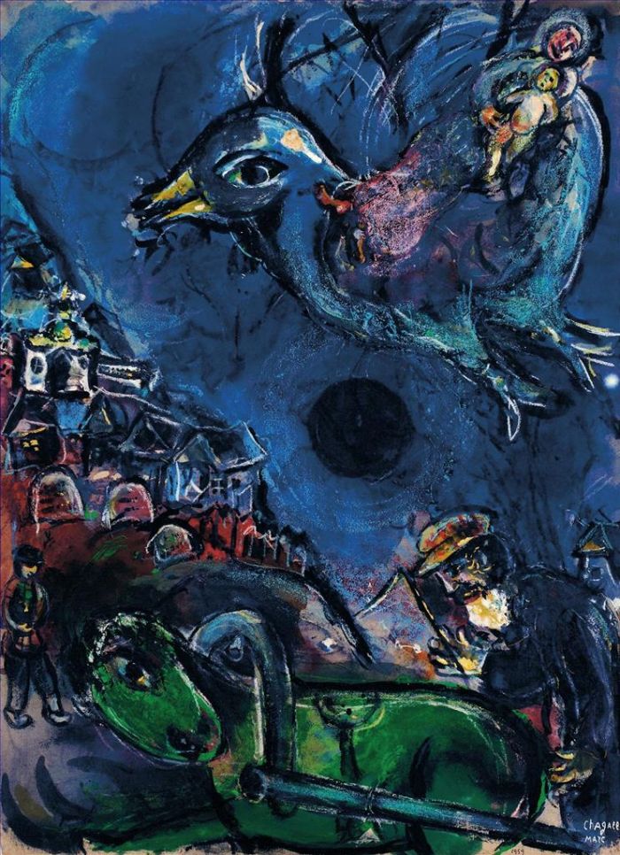 Marc Chagall Andere Malerei - Village au Cheval Vert oder Vision a la Lune Noire