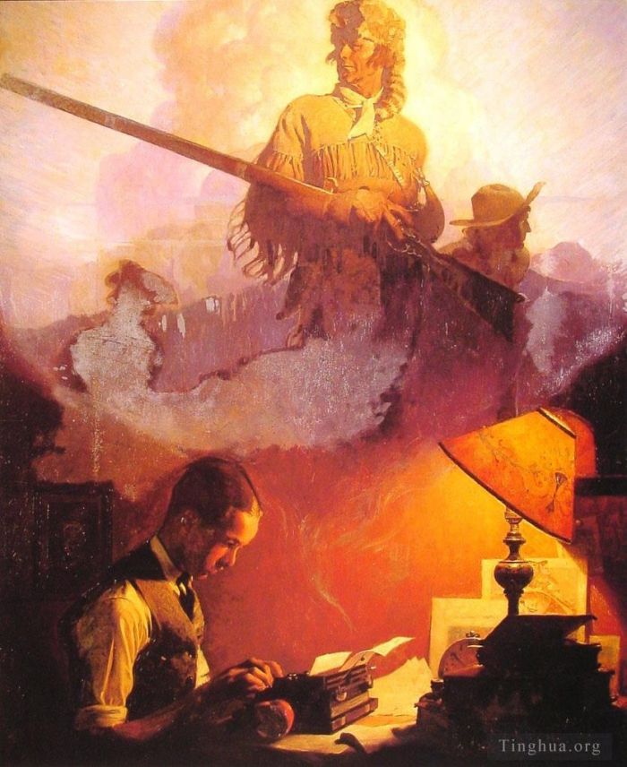 Norman Rockwell Ölgemälde - Und Daniel Boone erwacht auf dem Underwood Portable 1923 zum Leben