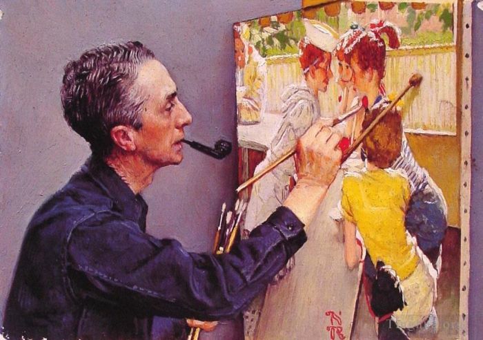 Norman Rockwell Ölgemälde - Porträt von Norman Rockwell beim Malen des Soda Jerk 1953
