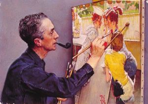 zeitgenössische kunst von Norman Rockwell - Porträt von Norman Rockwell beim Malen des Soda Jerk 1953