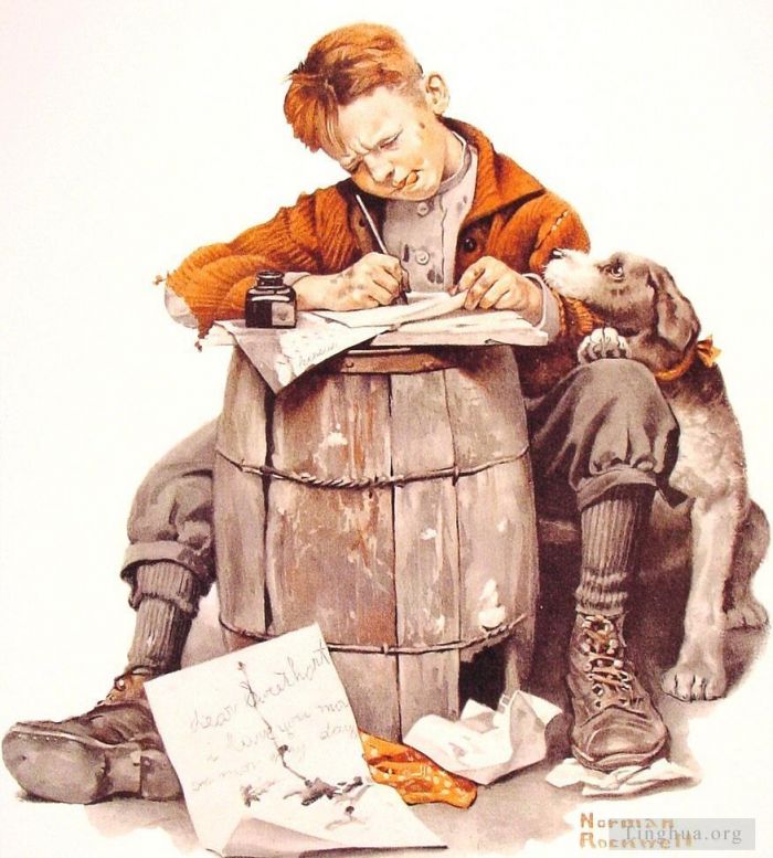 Norman Rockwell Andere Malerei - Kleiner Junge schreibt einen Brief, 1920