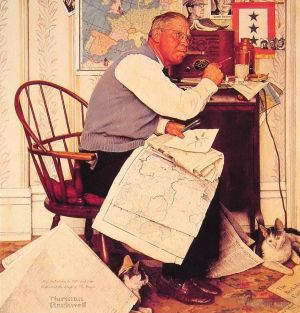 zeitgenössische kunst von Norman Rockwell - Mann zeichnet Wmanöver 1944 auf