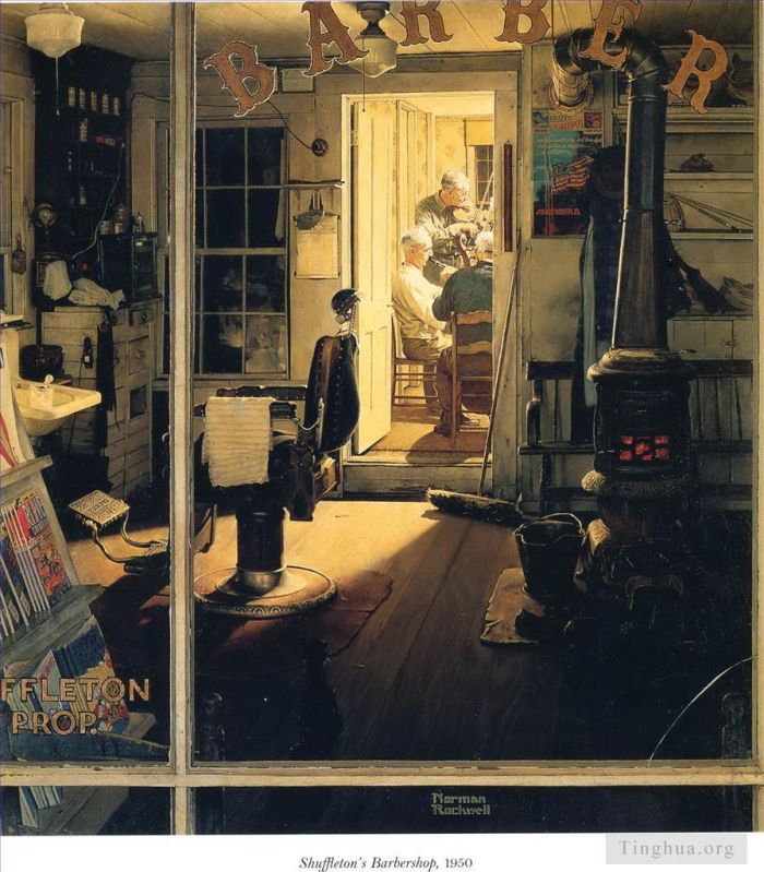 Norman Rockwell Andere Malerei - Shuffletons Friseursalon 1950