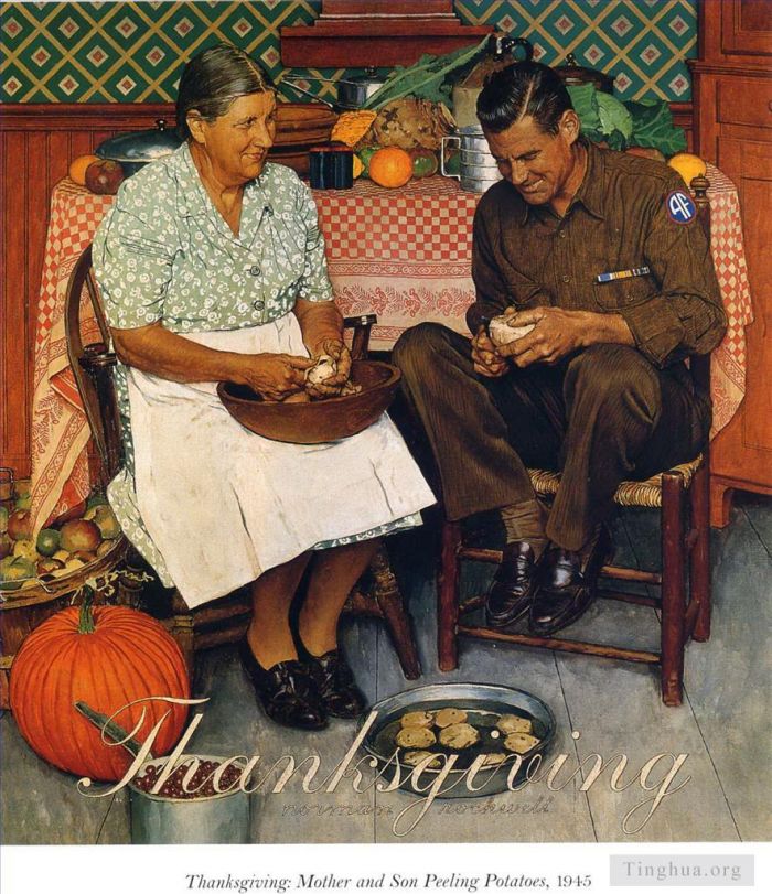 Norman Rockwell Andere Malerei - Thanksgiving-Mutter und Sohn schälen Kartoffeln 1945