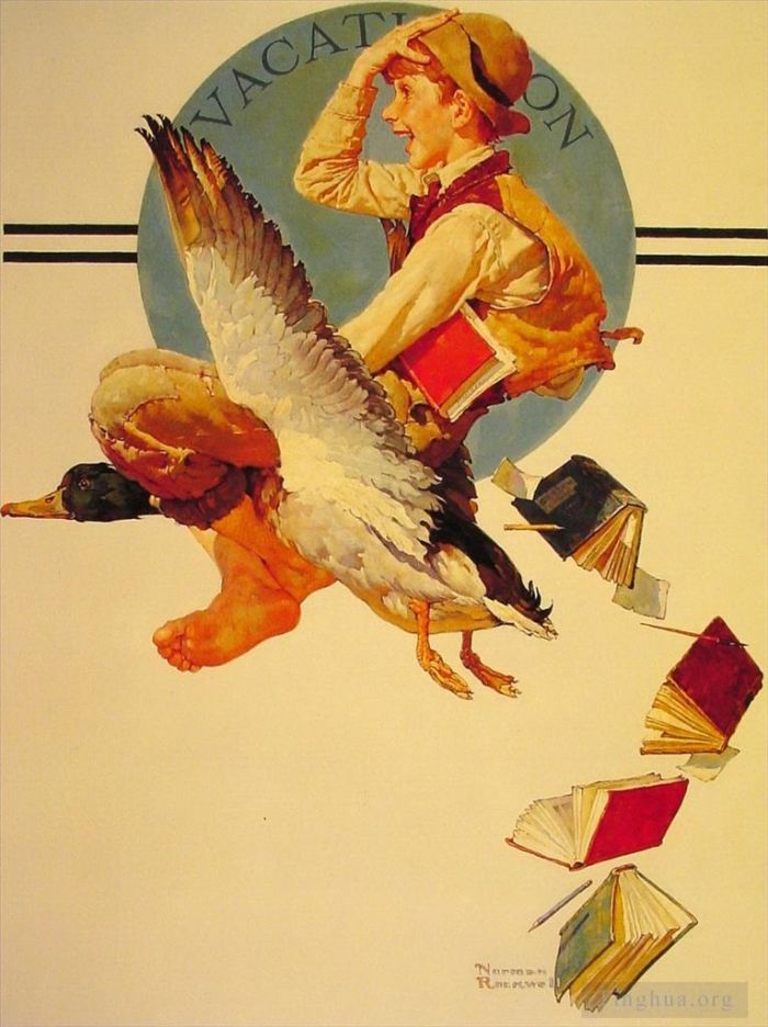 Norman Rockwell Andere Malerei - Ferienjunge auf einer Gans reitend, 1934