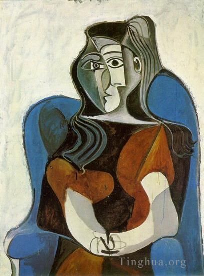 Pablo Picasso Ölgemälde - Jacqueline II, eine Frau, die auf einem Sofa sitzt, 1962