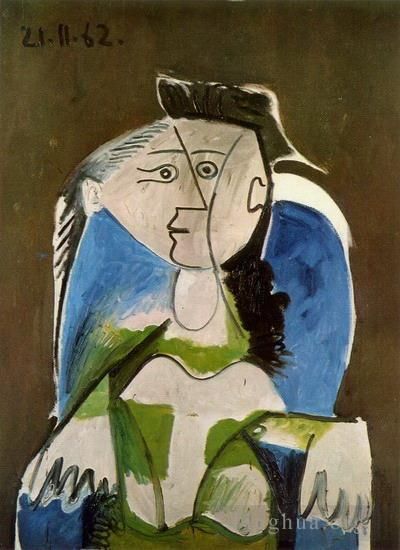 Pablo Picasso Ölgemälde - Frau hilft auf einem blauen Stuhl, 1962