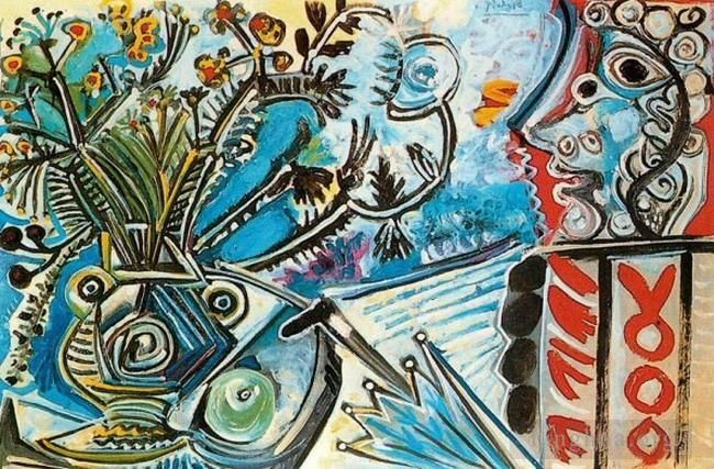 Pablo Picasso Ölgemälde - Fleurs et buste d homme au parapluie 1968
