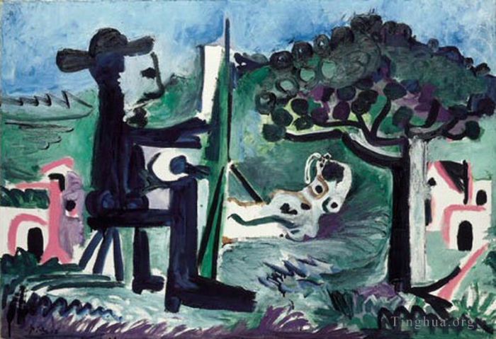 Pablo Picasso Ölgemälde - Le peintre et son modele dans un paysage II 1963