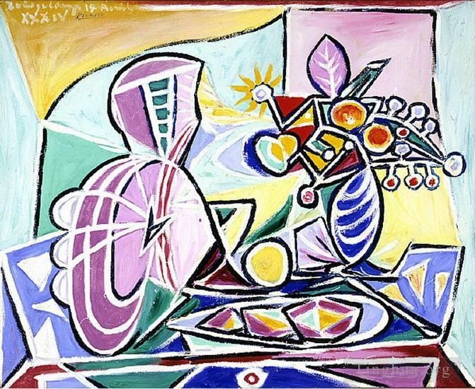 Pablo Picasso Ölgemälde - Mandoline und Vase de fleurs Nature morte 1934