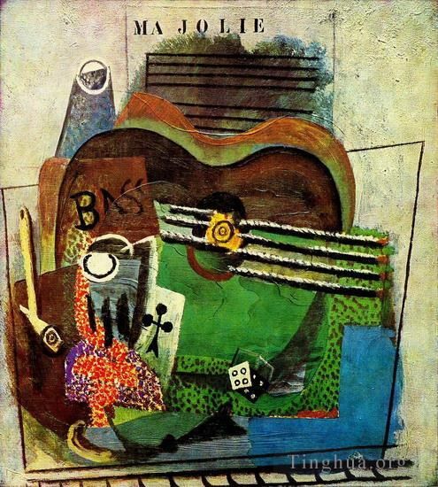 Pablo Picasso Ölgemälde - Pfeifenglas als Trefle Bouteille der Bassgitarre von Ma Jolie 1914