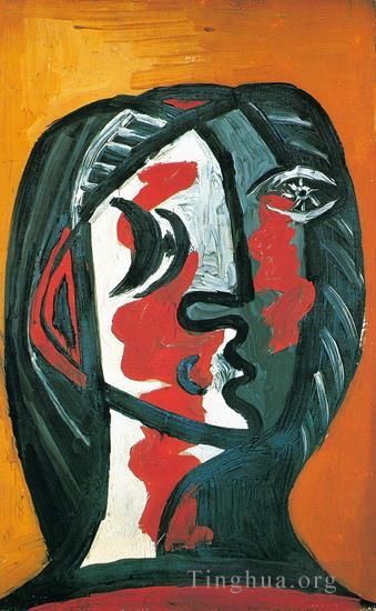 Pablo Picasso Ölgemälde - Tete de Femme in Grau und Rot auf dem Hintergrund von Ocre, 1926