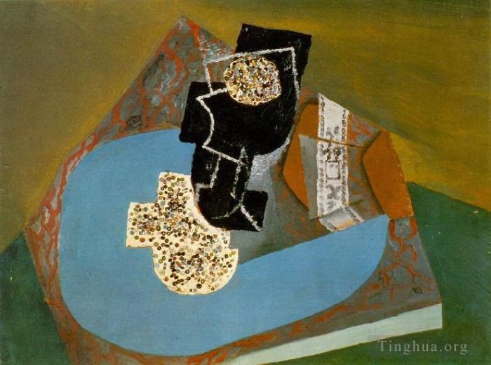 Pablo Picasso Ölgemälde - Verre et paquet de tabac sur une table 1914
