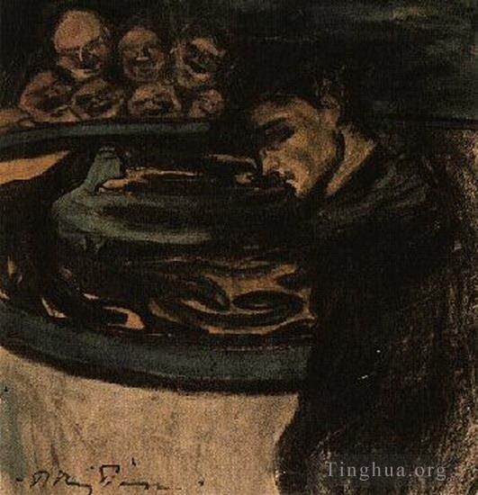 Pablo Picasso Andere Malerei - Allegorie jeune homme femme et grotesques 1899