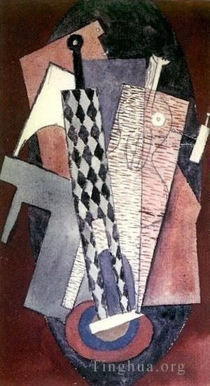 Pablo Picasso Andere Malerei - Arlequin-Mieter, eine Bouteille und eine Frau, 1915
